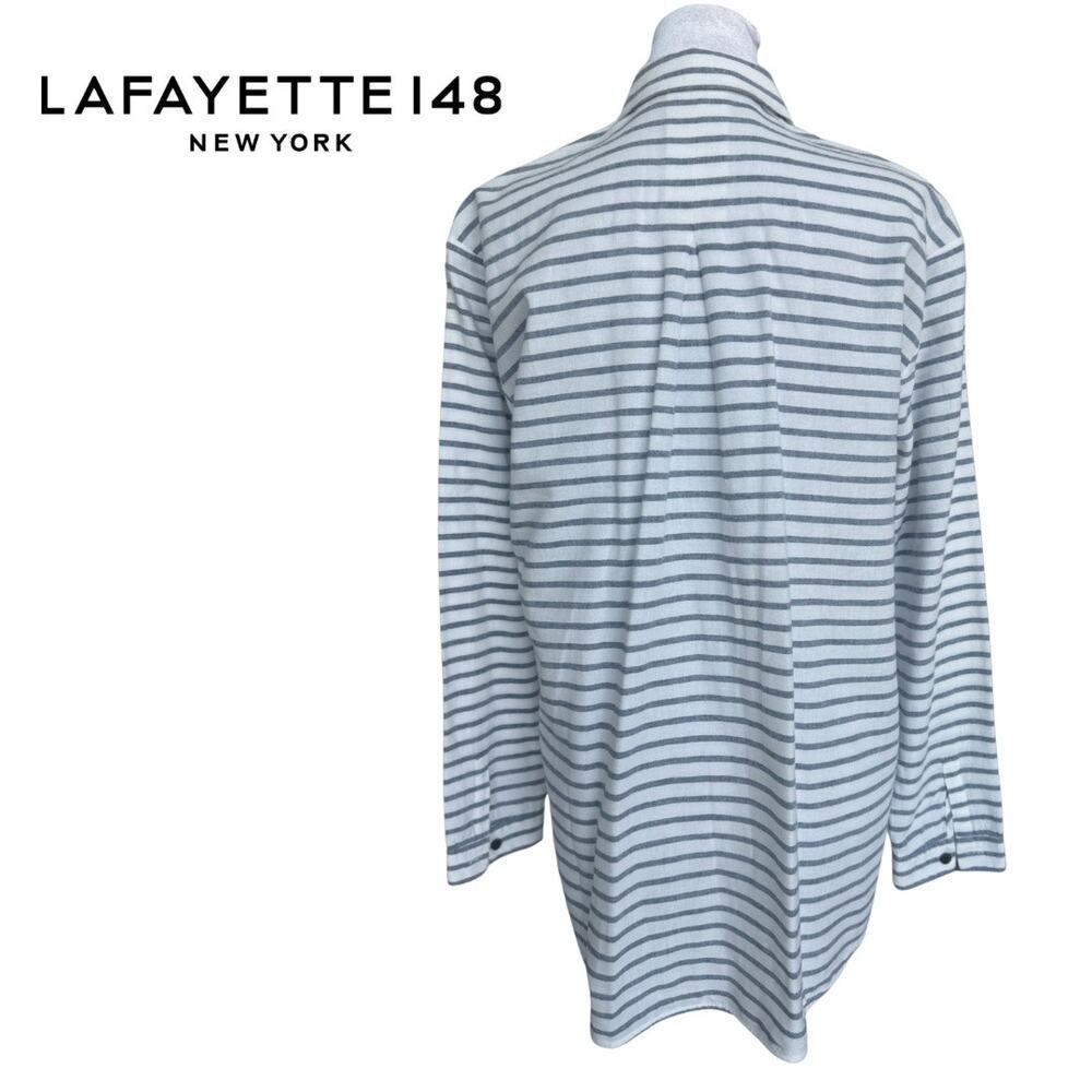 Lafayette 148 New York Button Down White Blue Stripe Tunic Small S Cotton Linen - Picture 4 of 10